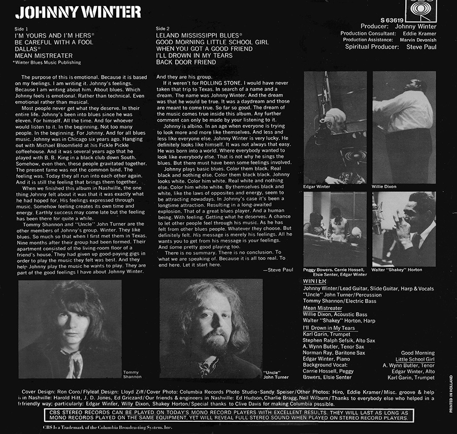 JOHNNY WINTER - Self-titled Debut LP back cover